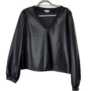 LA Made Chic Black Vegan Leather V-neck Top LS Sweatshirt Ruched Shoulders